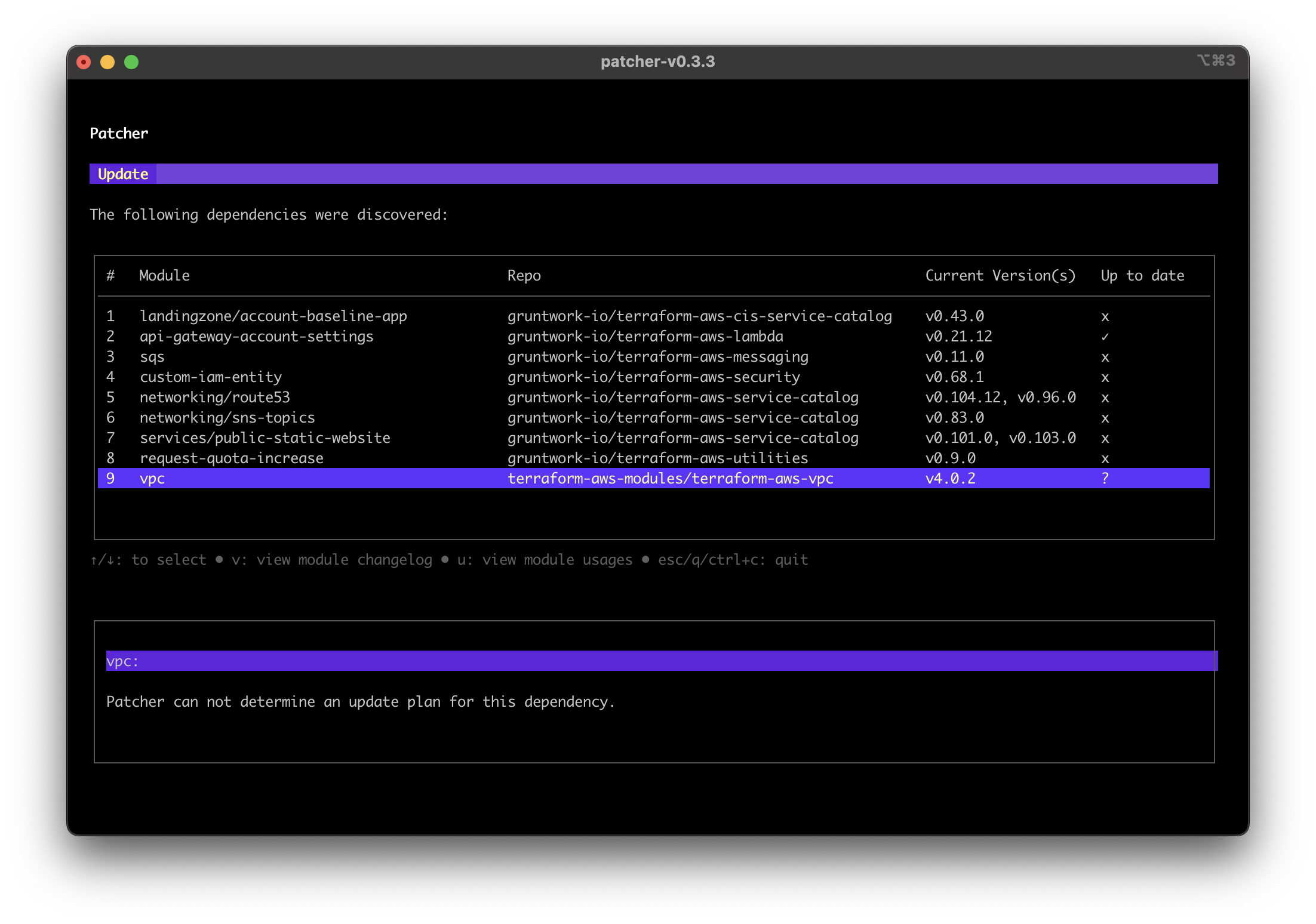 Screenshot of third party module dependency that cannot be updated